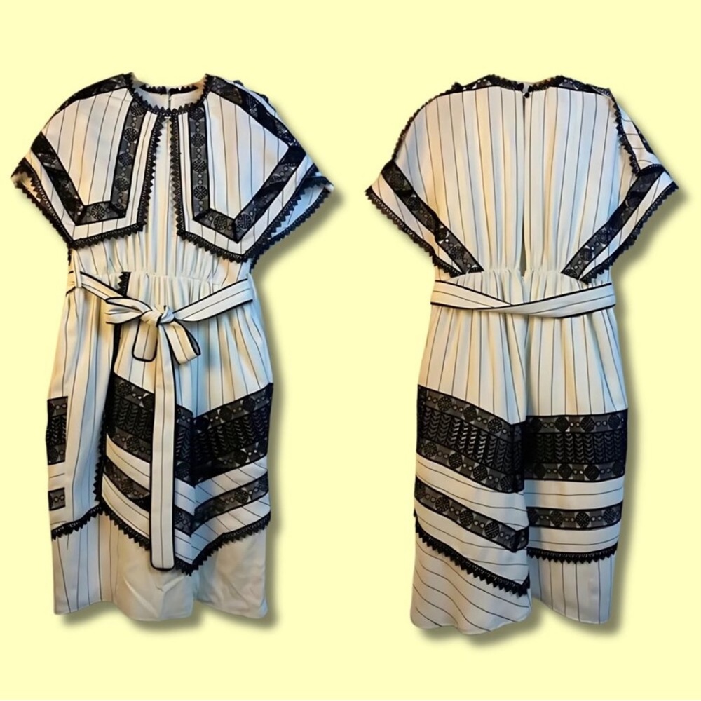 Self Portrait White Smocked Black & White Lace A-Line Dress